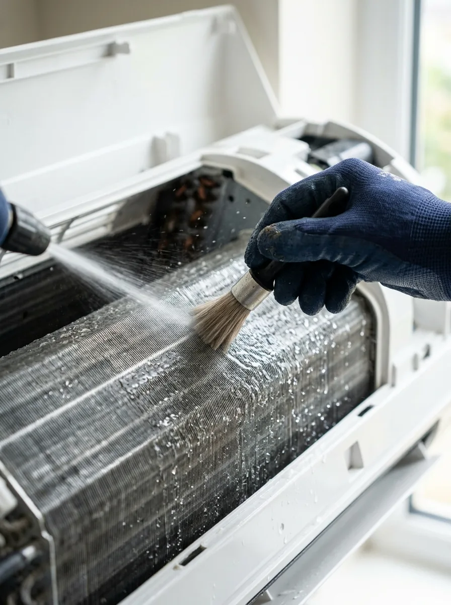 Close-up of an AC evaporator coil being deep-cleaned by a technician