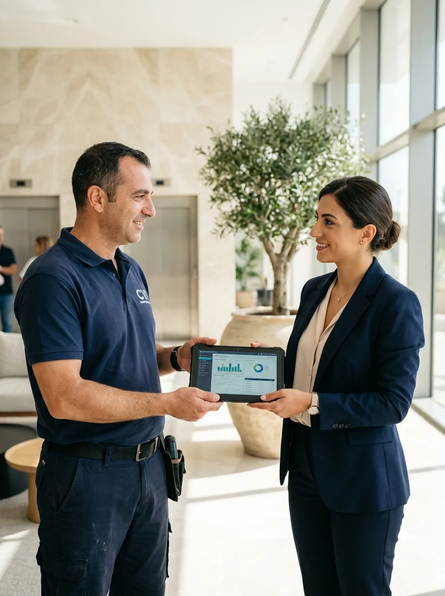 Technician handing a maintenance health report to a property manager