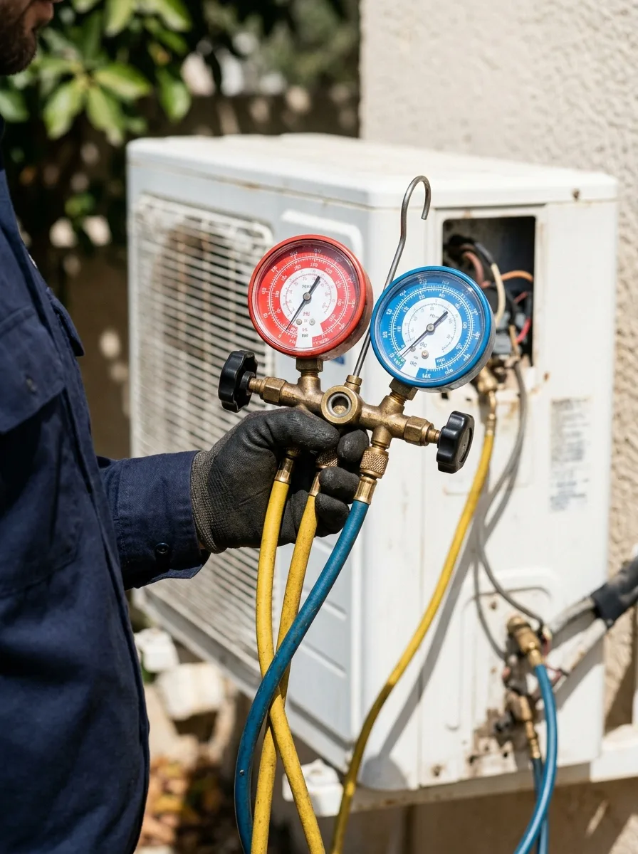 Refrigerant manifold pressure gauge connected to an AC condenser unit