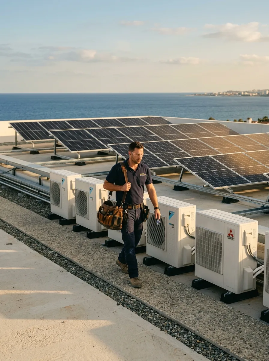 Solar panels and AC condensers maintained by one team on a Cyprus rooftop