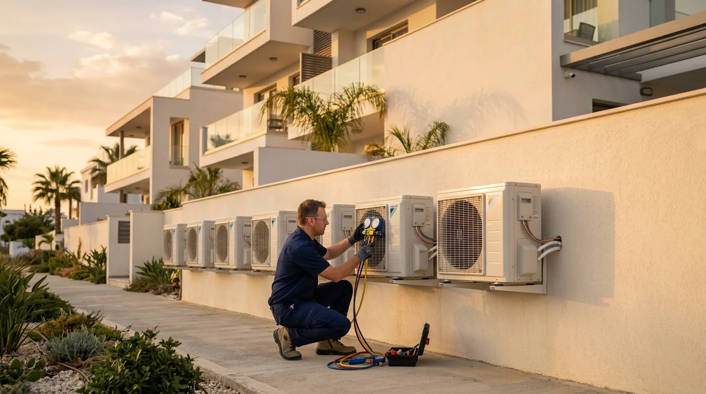 HVAC technician servicing split-unit AC condensers on a modern Cyprus building