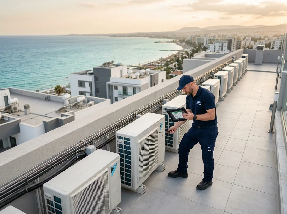 Rooftop AC condensers being inspected on a Cyprus apartment building